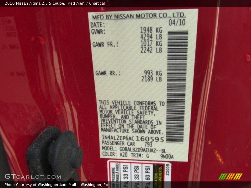 Red Alert / Charcoal 2010 Nissan Altima 2.5 S Coupe