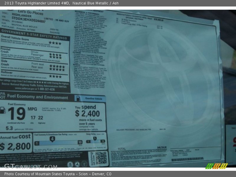 Nautical Blue Metallic / Ash 2013 Toyota Highlander Limited 4WD