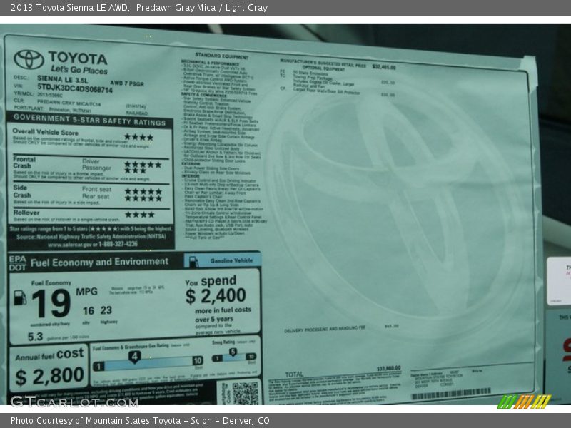 Predawn Gray Mica / Light Gray 2013 Toyota Sienna LE AWD