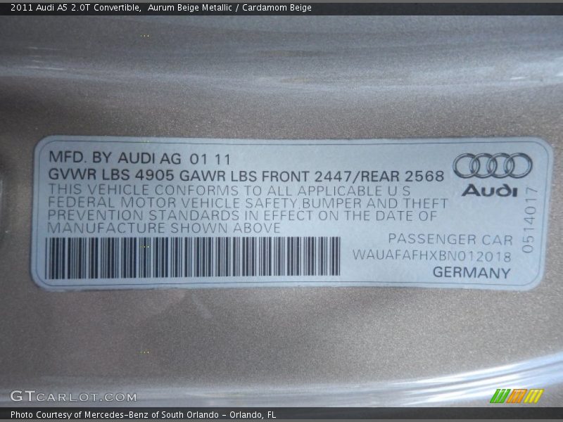 Aurum Beige Metallic / Cardamom Beige 2011 Audi A5 2.0T Convertible