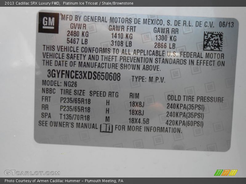 Platinum Ice Tricoat / Shale/Brownstone 2013 Cadillac SRX Luxury FWD