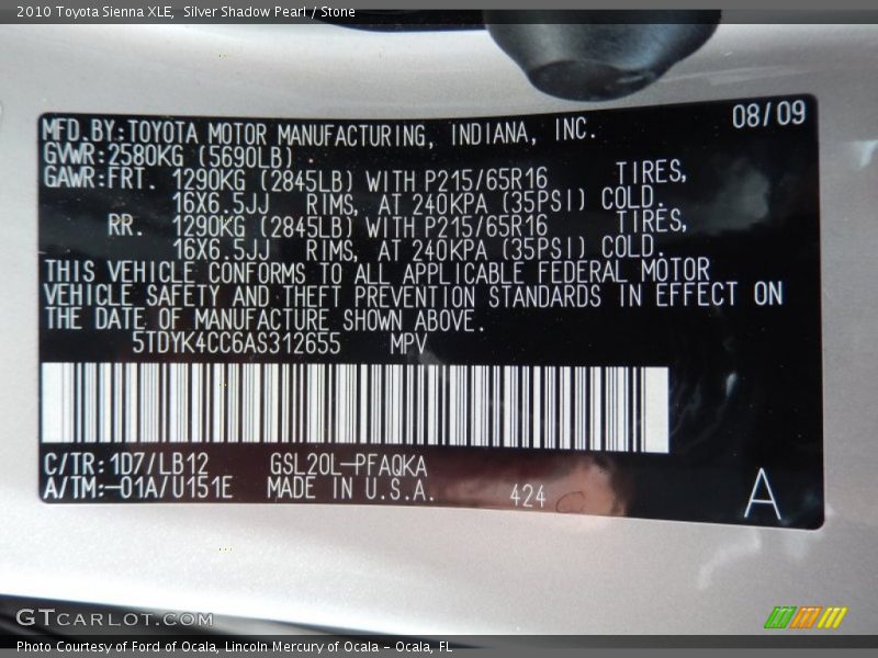 Silver Shadow Pearl / Stone 2010 Toyota Sienna XLE