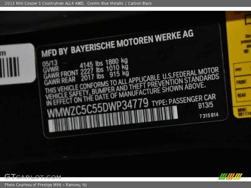 Cosmic Blue Metallic / Carbon Black 2013 Mini Cooper S Countryman ALL4 AWD