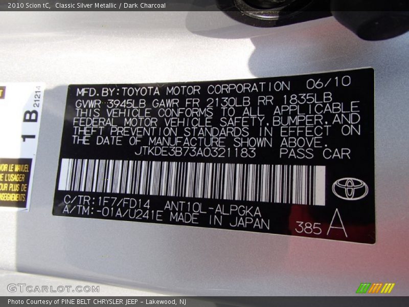 Classic Silver Metallic / Dark Charcoal 2010 Scion tC