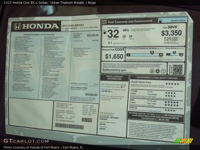 Urban Titanium Metallic / Beige 2013 Honda Civic EX-L Sedan