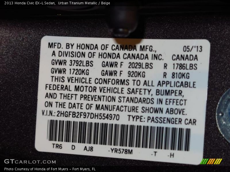Urban Titanium Metallic / Beige 2013 Honda Civic EX-L Sedan