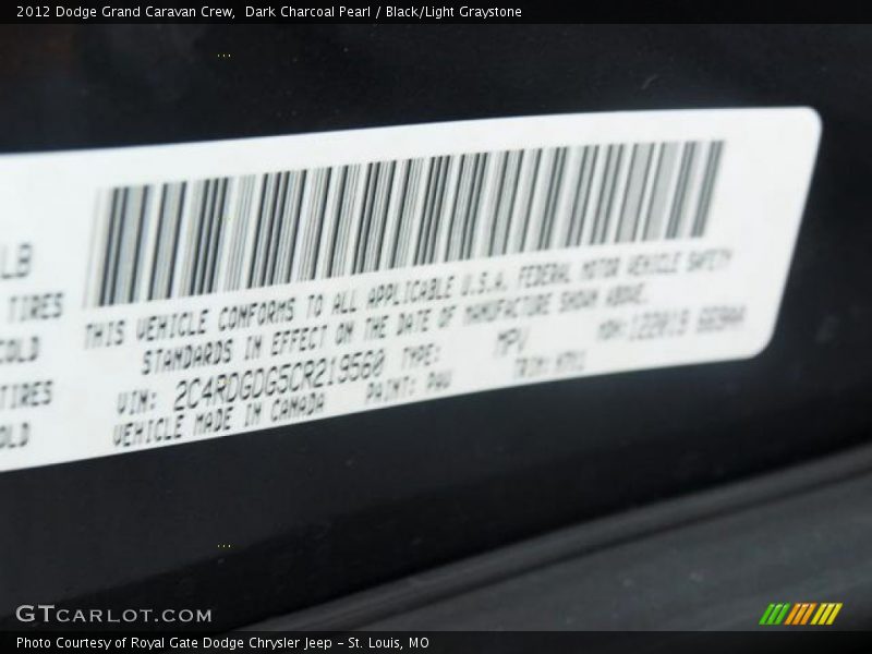 Dark Charcoal Pearl / Black/Light Graystone 2012 Dodge Grand Caravan Crew