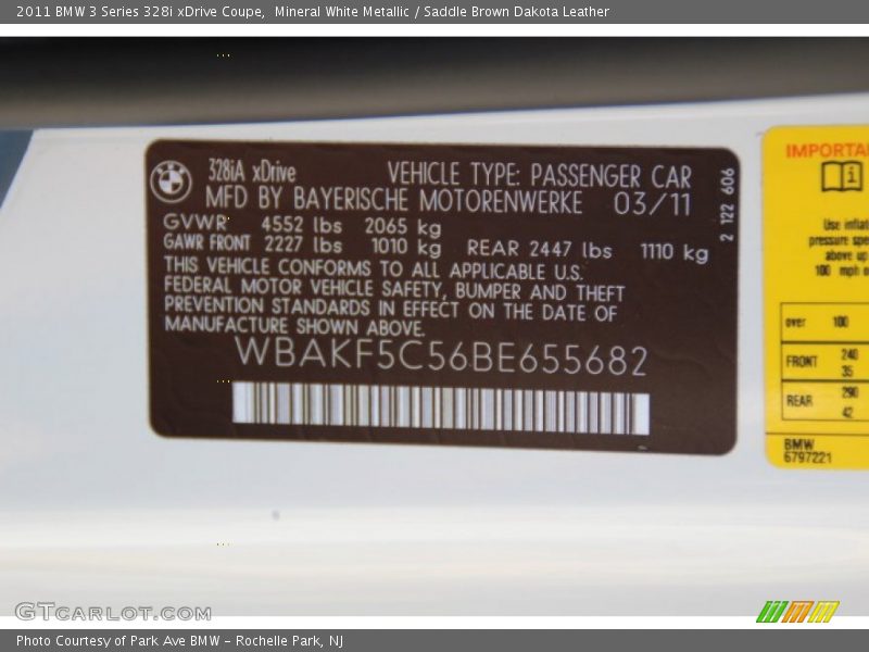 Mineral White Metallic / Saddle Brown Dakota Leather 2011 BMW 3 Series 328i xDrive Coupe