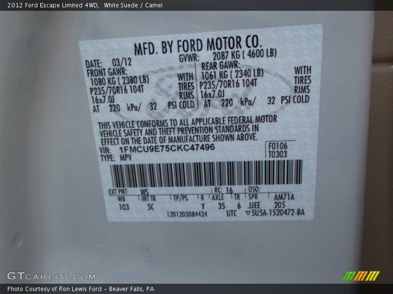 White Suede / Camel 2012 Ford Escape Limited 4WD