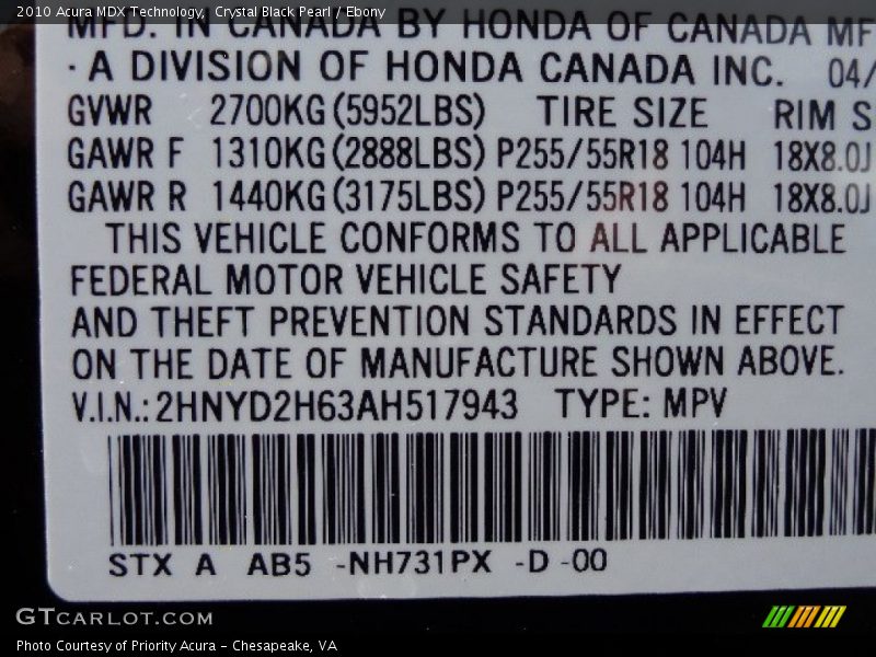 Crystal Black Pearl / Ebony 2010 Acura MDX Technology