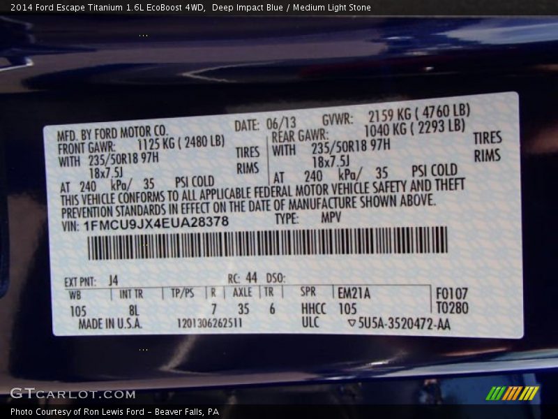 2014 Escape Titanium 1.6L EcoBoost 4WD Deep Impact Blue Color Code J4