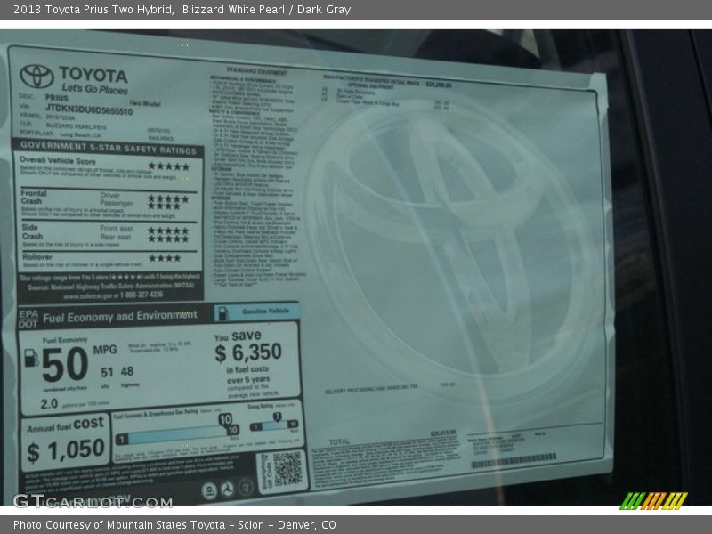 Blizzard White Pearl / Dark Gray 2013 Toyota Prius Two Hybrid