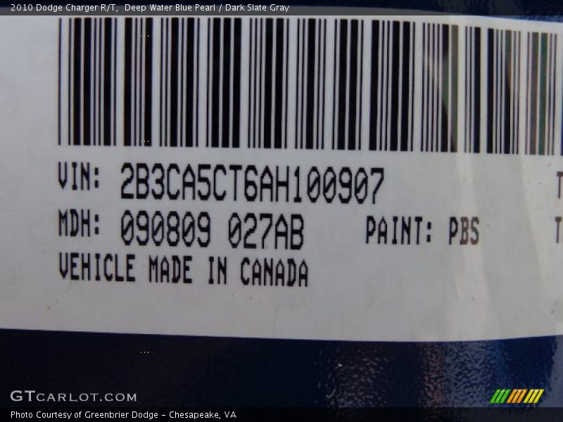 Deep Water Blue Pearl / Dark Slate Gray 2010 Dodge Charger R/T