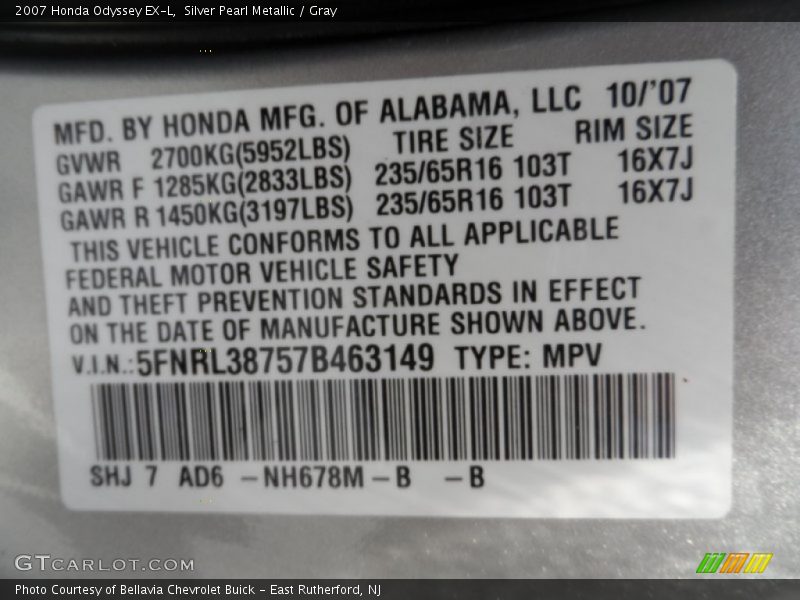 Silver Pearl Metallic / Gray 2007 Honda Odyssey EX-L