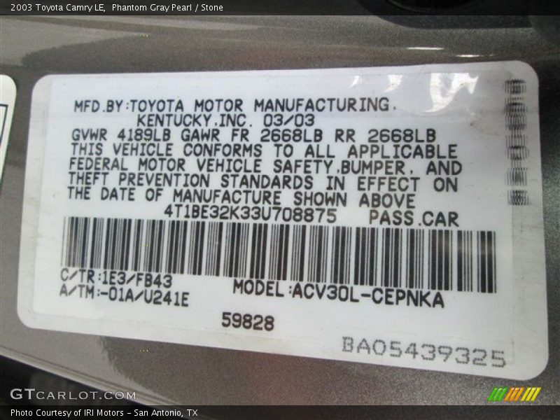 Phantom Gray Pearl / Stone 2003 Toyota Camry LE