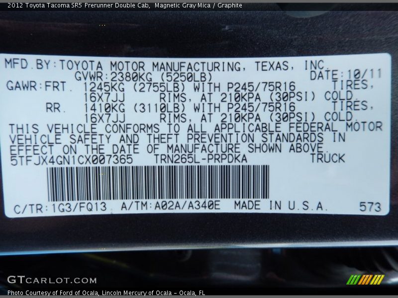 Magnetic Gray Mica / Graphite 2012 Toyota Tacoma SR5 Prerunner Double Cab