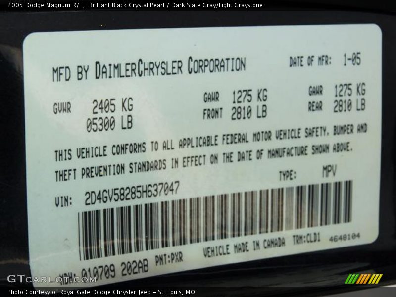 Brilliant Black Crystal Pearl / Dark Slate Gray/Light Graystone 2005 Dodge Magnum R/T