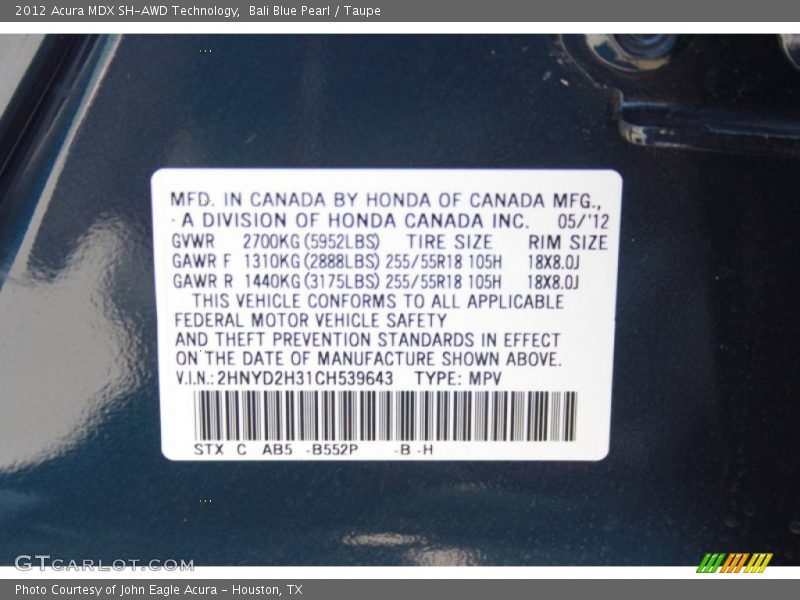2012 MDX SH-AWD Technology Bali Blue Pearl Color Code B552P