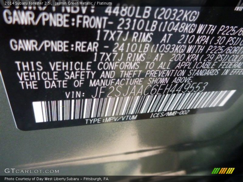 Jasmin Green Metallic / Platinum 2014 Subaru Forester 2.5i