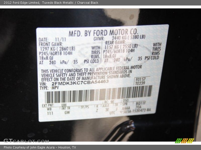 Tuxedo Black Metallic / Charcoal Black 2012 Ford Edge Limited