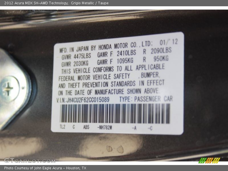 Grigio Metallic / Taupe 2012 Acura MDX SH-AWD Technology