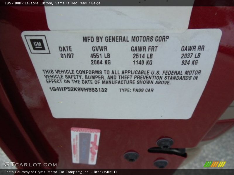 Info Tag of 1997 LeSabre Custom