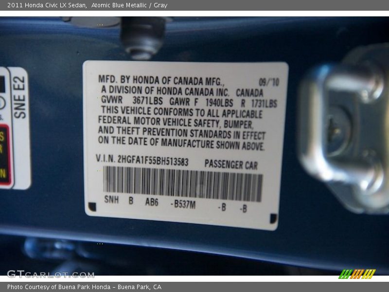 2011 Civic LX Sedan Atomic Blue Metallic Color Code B537M