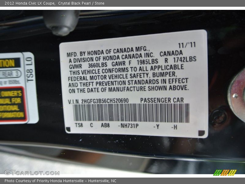 Crystal Black Pearl / Stone 2012 Honda Civic LX Coupe