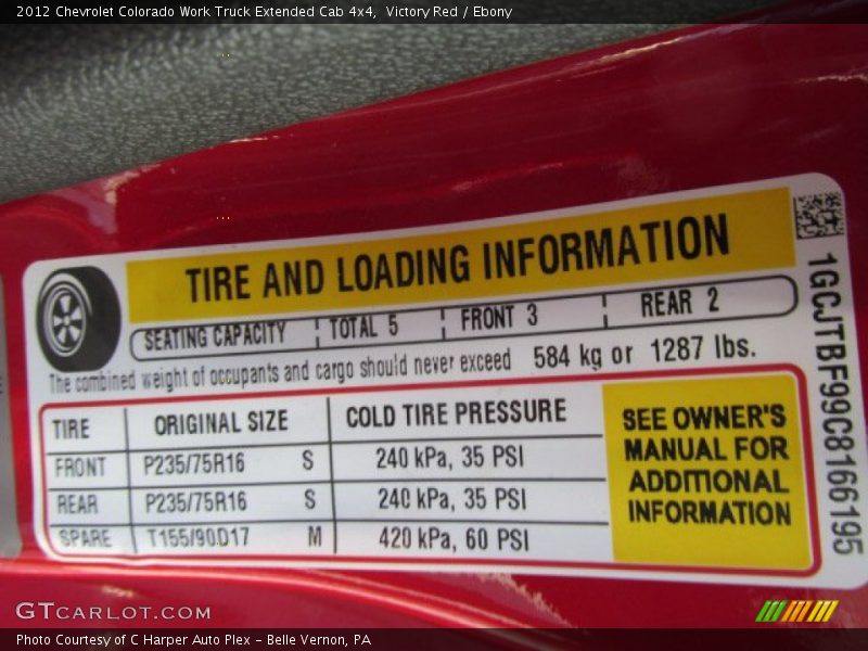 Info Tag of 2012 Colorado Work Truck Extended Cab 4x4