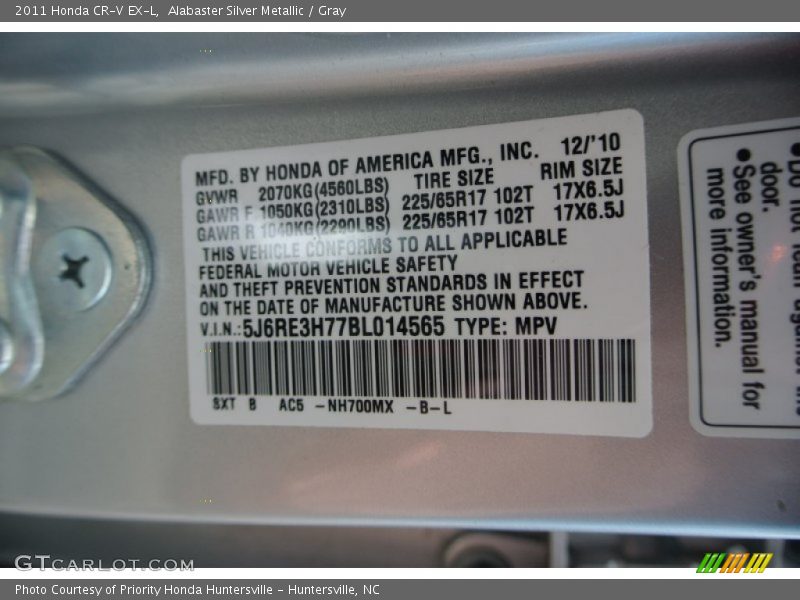 Alabaster Silver Metallic / Gray 2011 Honda CR-V EX-L