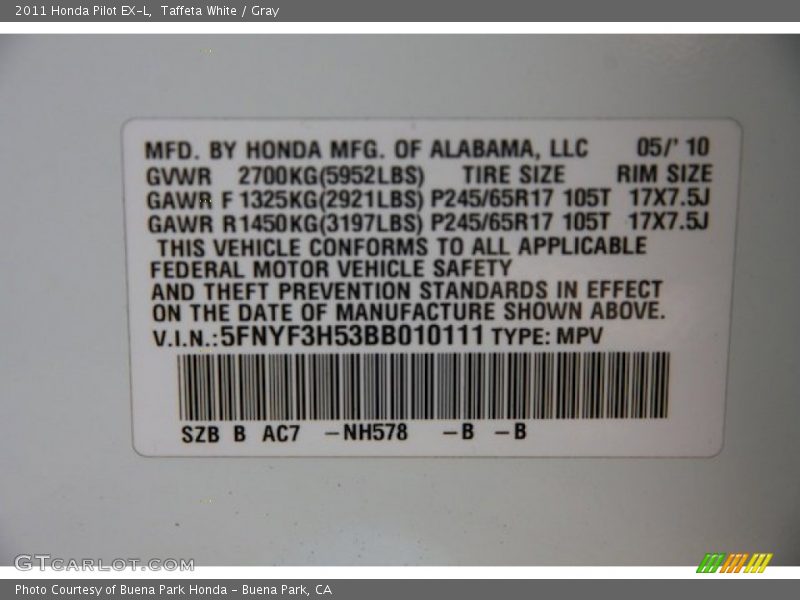 Taffeta White / Gray 2011 Honda Pilot EX-L