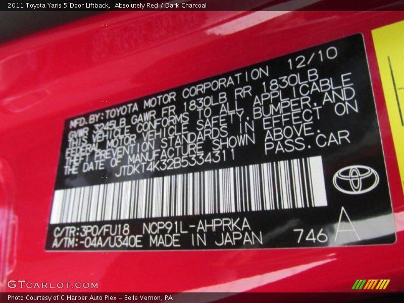 Absolutely Red / Dark Charcoal 2011 Toyota Yaris 5 Door Liftback