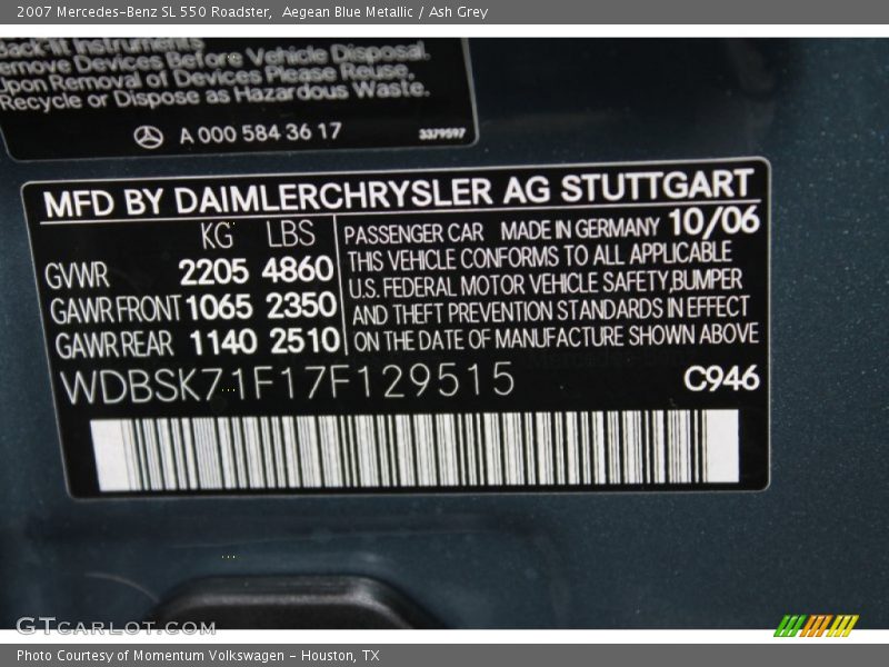 2007 SL 550 Roadster Aegean Blue Metallic Color Code 946