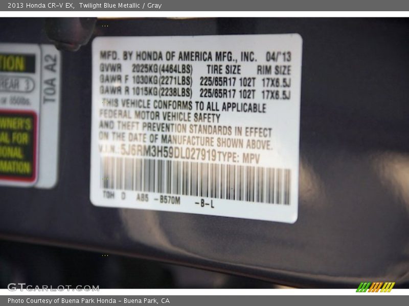 Twilight Blue Metallic / Gray 2013 Honda CR-V EX
