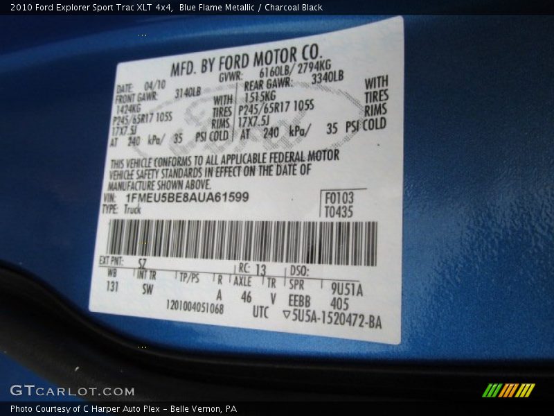Blue Flame Metallic / Charcoal Black 2010 Ford Explorer Sport Trac XLT 4x4