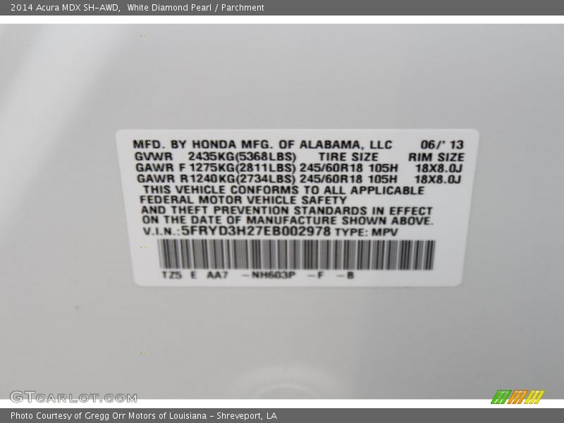 2014 MDX SH-AWD White Diamond Pearl Color Code NH603P