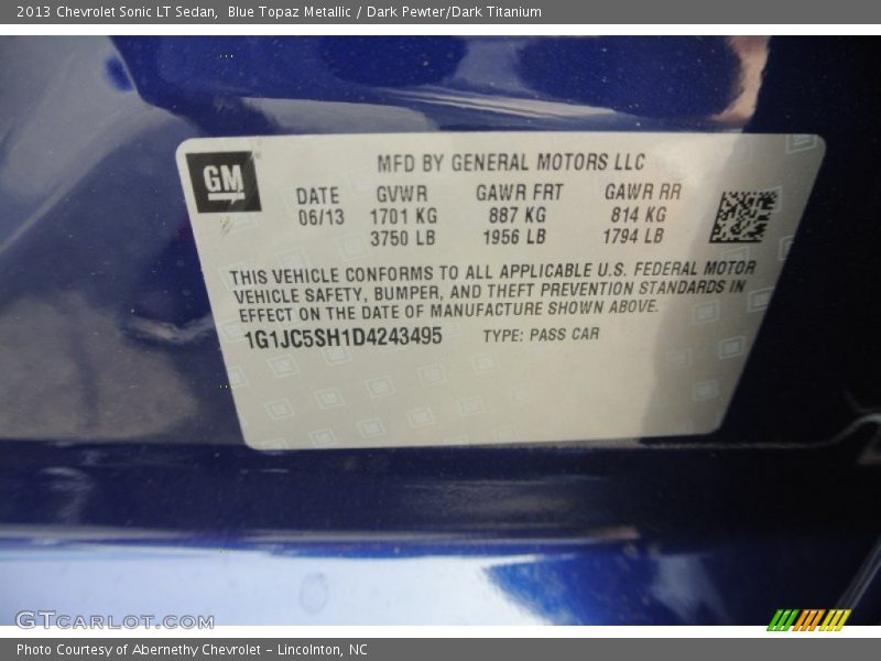Blue Topaz Metallic / Dark Pewter/Dark Titanium 2013 Chevrolet Sonic LT Sedan