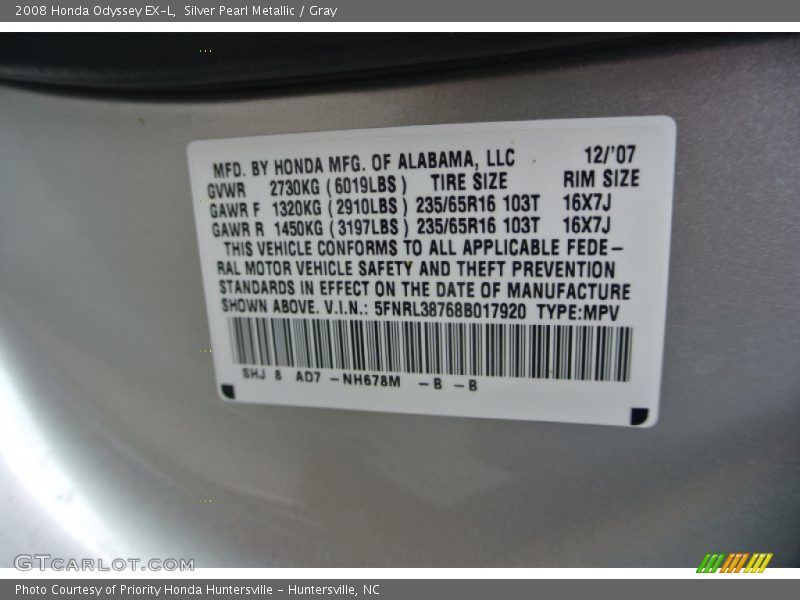 Silver Pearl Metallic / Gray 2008 Honda Odyssey EX-L