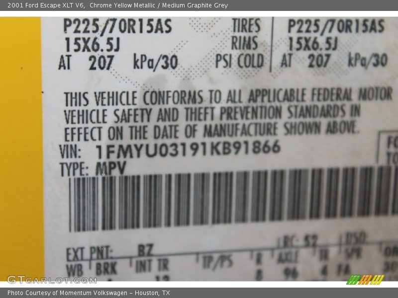Chrome Yellow Metallic / Medium Graphite Grey 2001 Ford Escape XLT V6