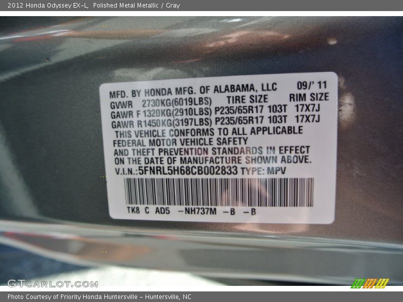 Polished Metal Metallic / Gray 2012 Honda Odyssey EX-L