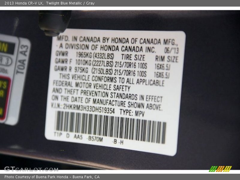 Twilight Blue Metallic / Gray 2013 Honda CR-V LX