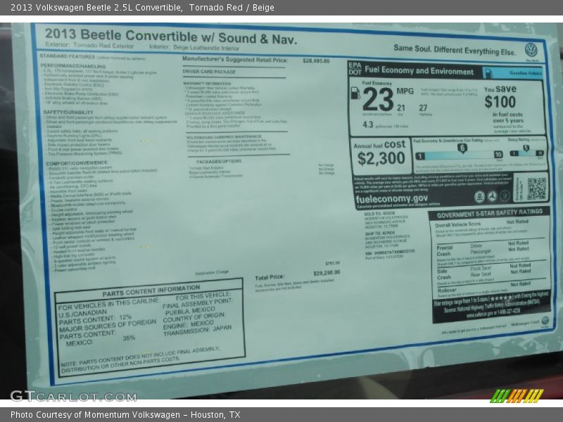 Tornado Red / Beige 2013 Volkswagen Beetle 2.5L Convertible