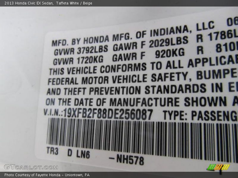 Taffeta White / Beige 2013 Honda Civic EX Sedan