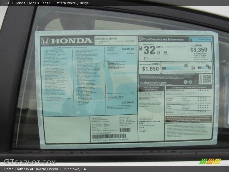  2013 Civic EX Sedan Window Sticker