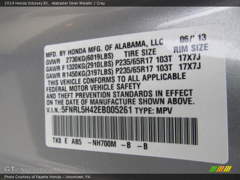 Alabaster Silver Metallic / Gray 2014 Honda Odyssey EX