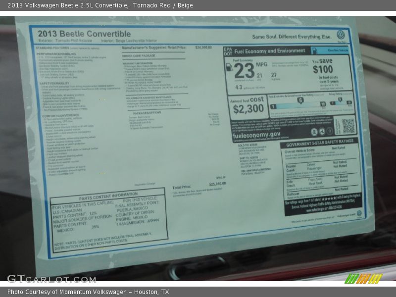 Tornado Red / Beige 2013 Volkswagen Beetle 2.5L Convertible
