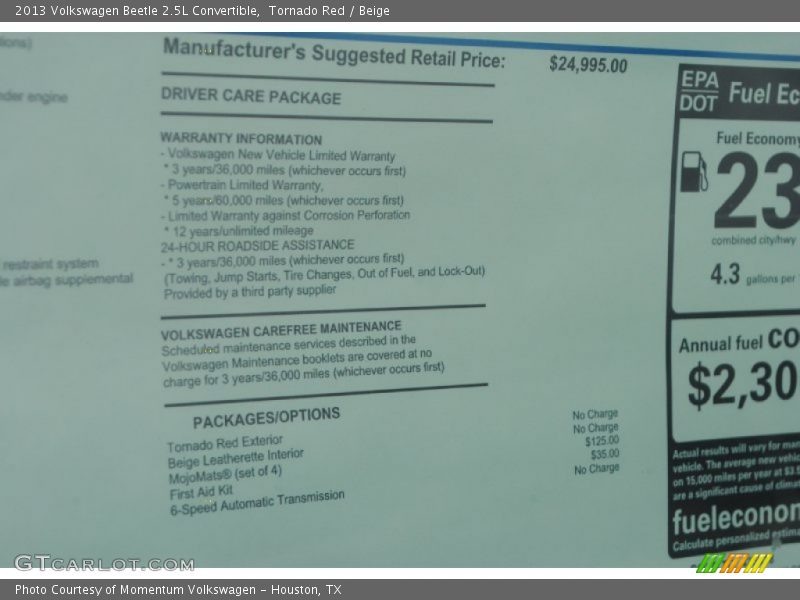 Tornado Red / Beige 2013 Volkswagen Beetle 2.5L Convertible