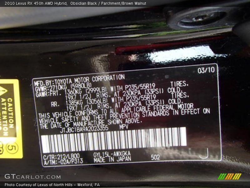 Obsidian Black / Parchment/Brown Walnut 2010 Lexus RX 450h AWD Hybrid