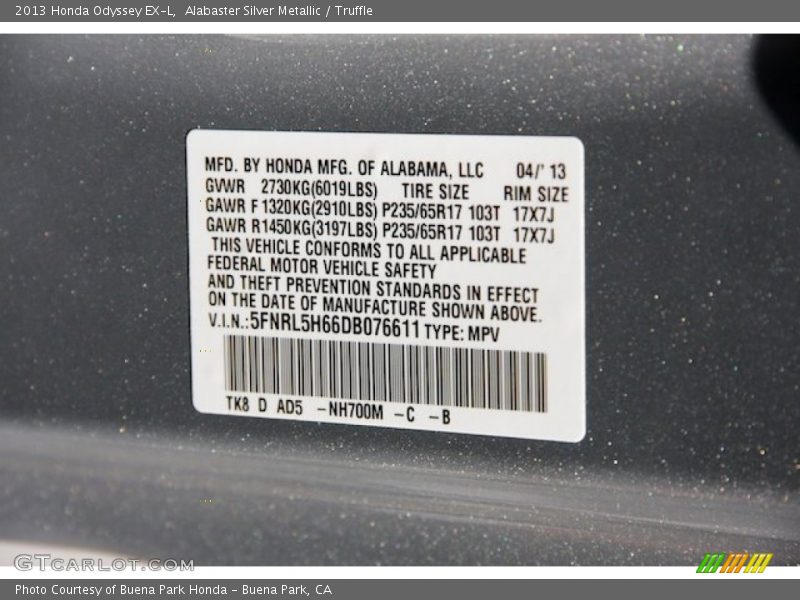 Alabaster Silver Metallic / Truffle 2013 Honda Odyssey EX-L