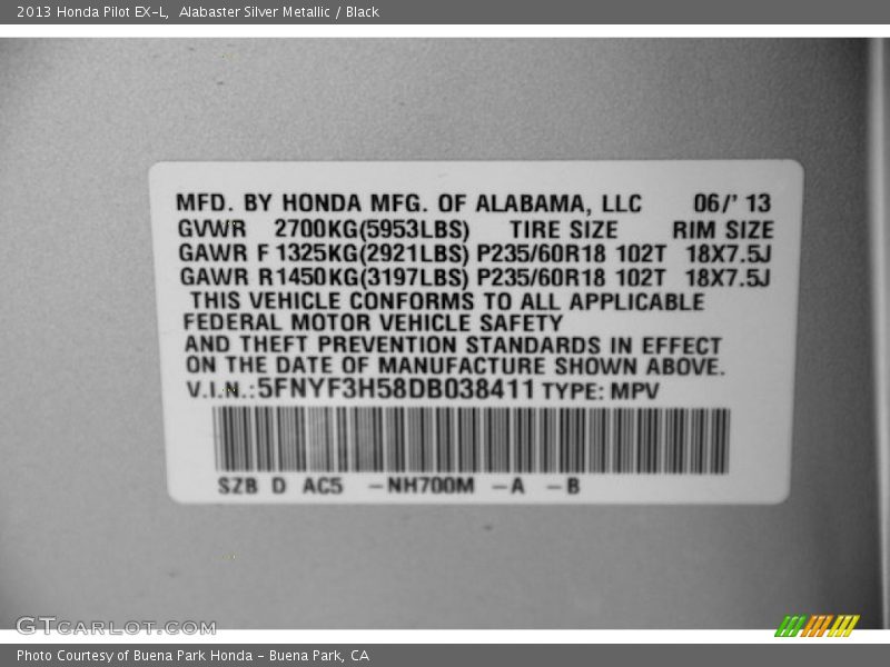 Alabaster Silver Metallic / Black 2013 Honda Pilot EX-L